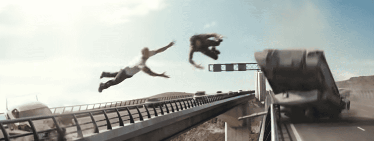 Dom from "Fast & Furious" catching Letty mid-air.